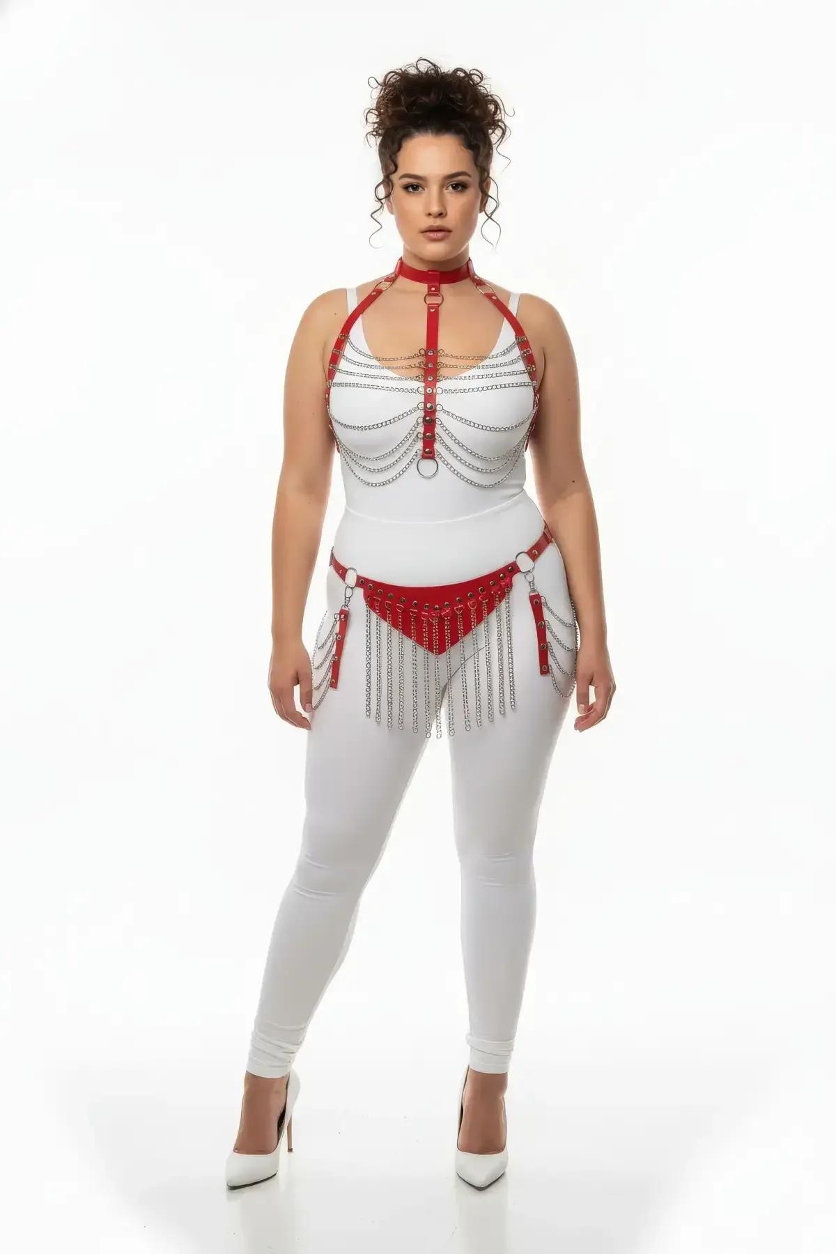 red vegan leather chest harness with five rows of draped silver chains and central O-ring on plus-size model