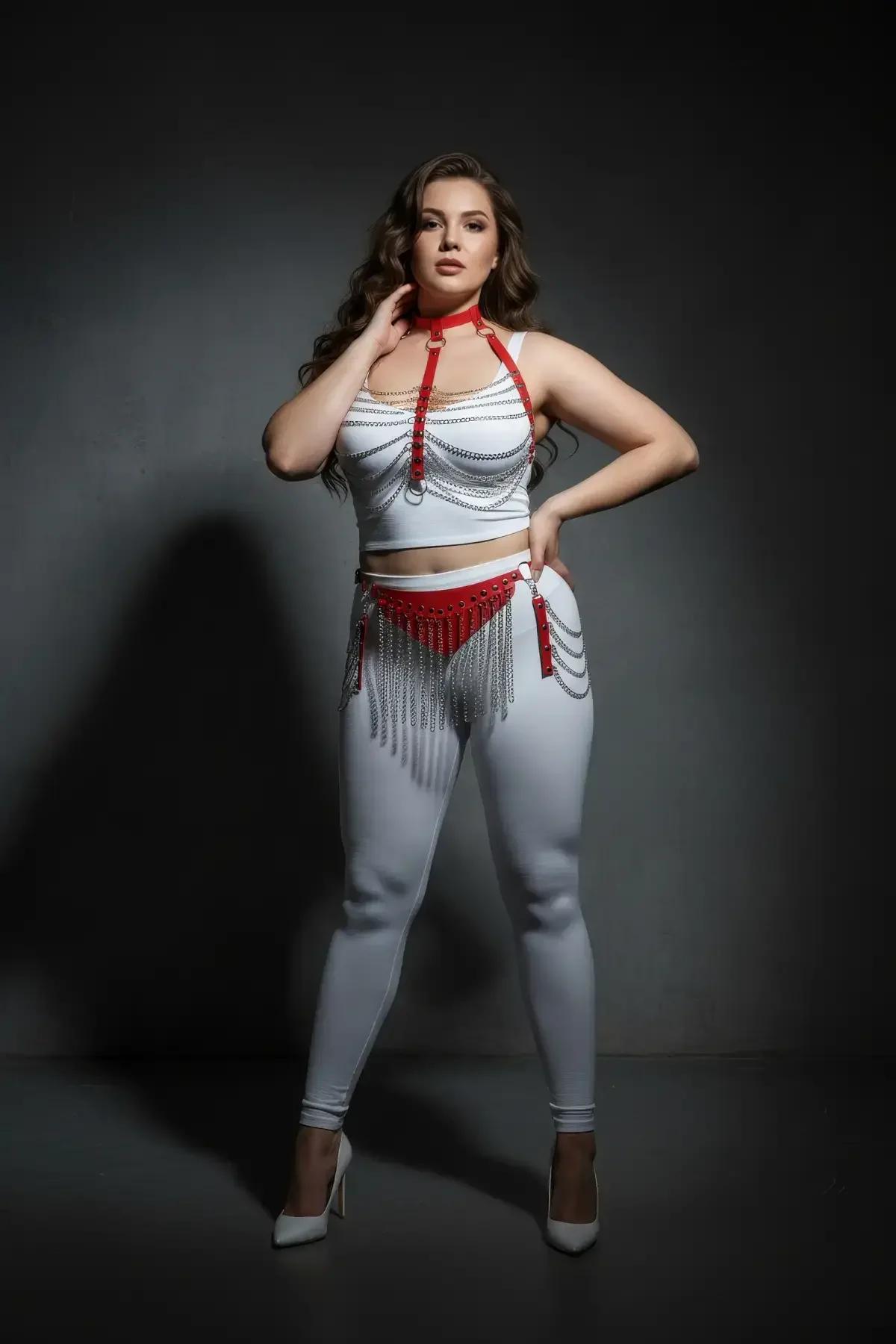 red leather choker and chest harness detail showing adjustable shoulder straps and silver hardware