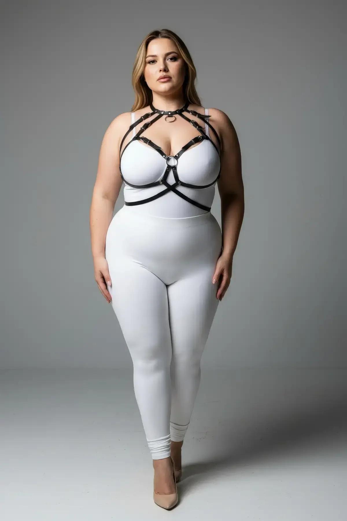 black matte faux leather chest harness flat lay showing full geometric strap layout