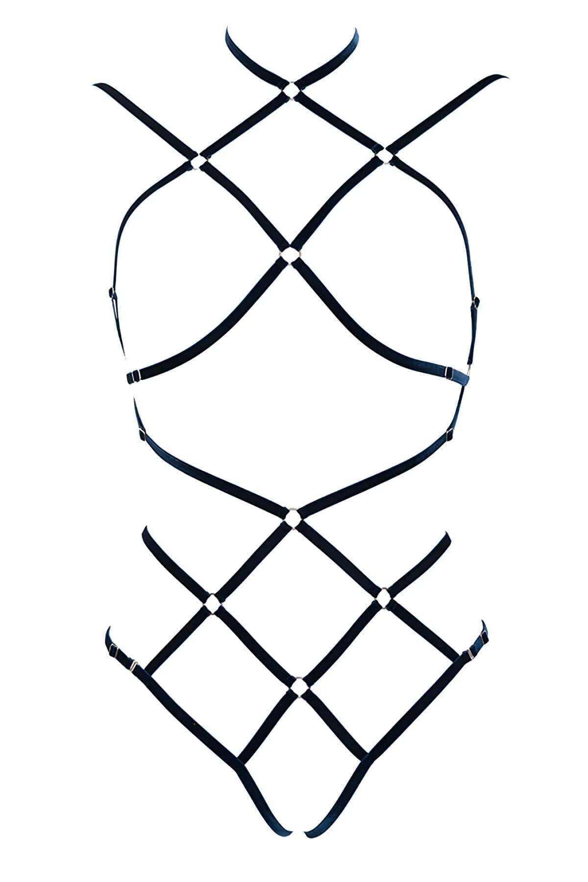 black elastic body cage harness worn over white blazer, festival fashion styling