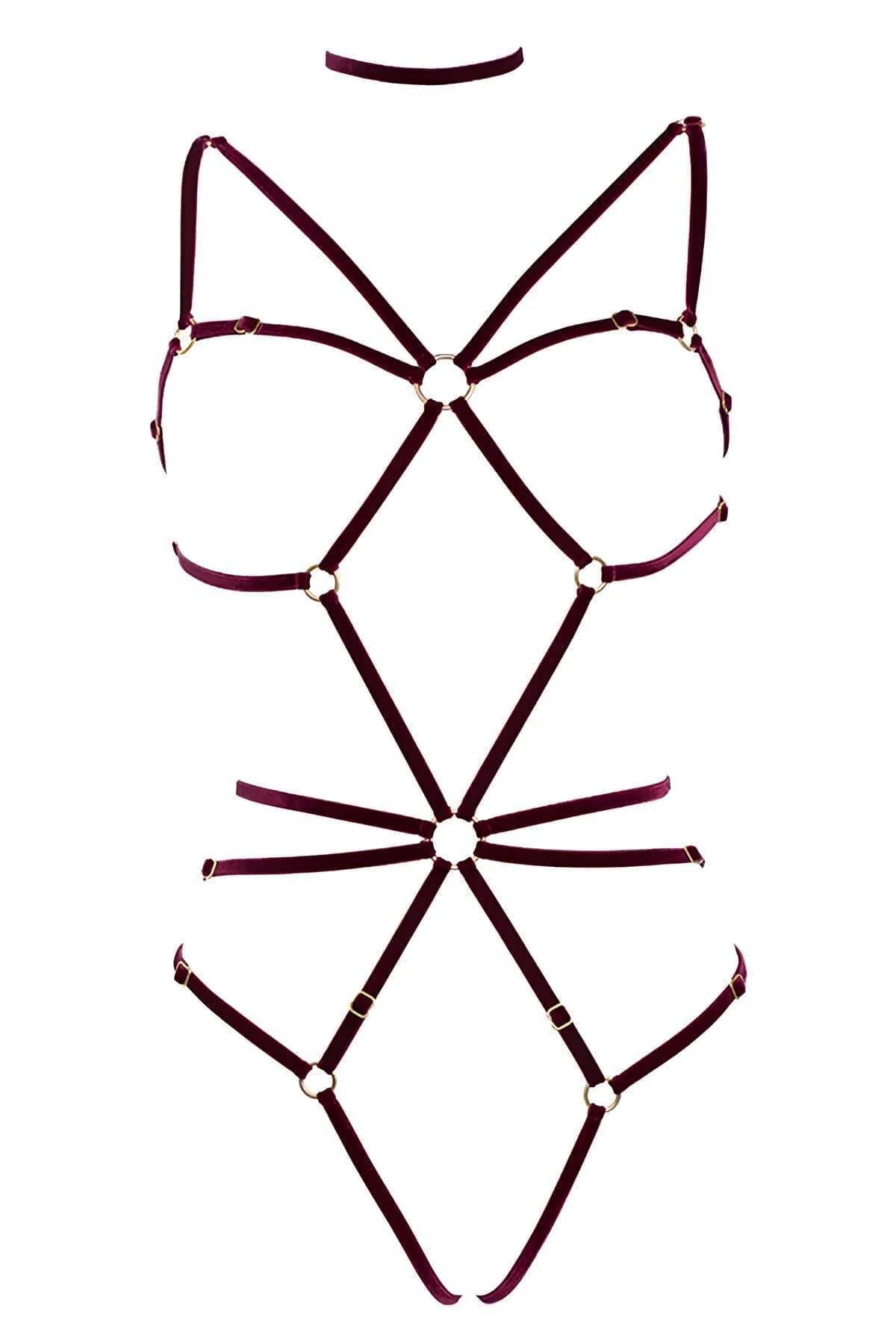 Gold-tone zinc alloy slider and O-ring hardware detail on dark wine velvet body harness strap