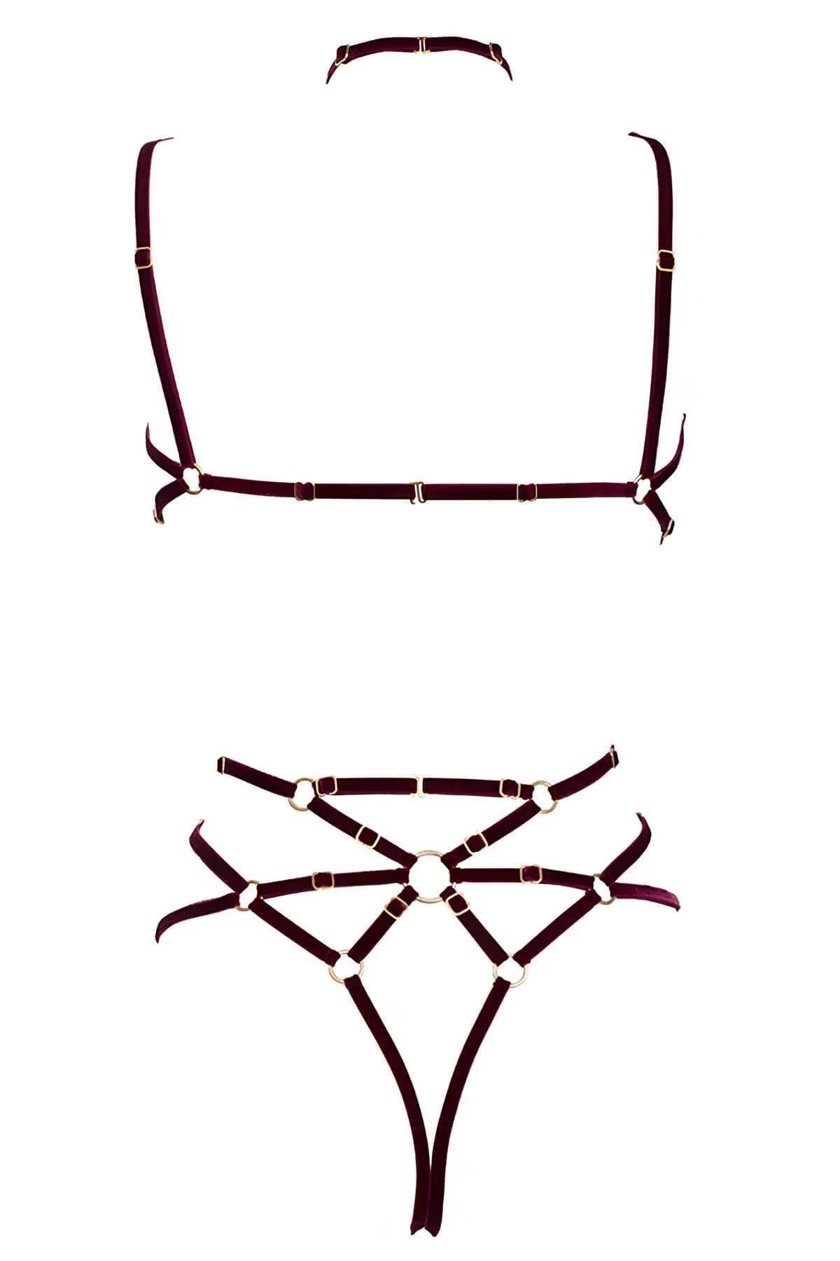 Full body burgundy velvet harness side angle revealing choker neckpiece and waist band adjusters