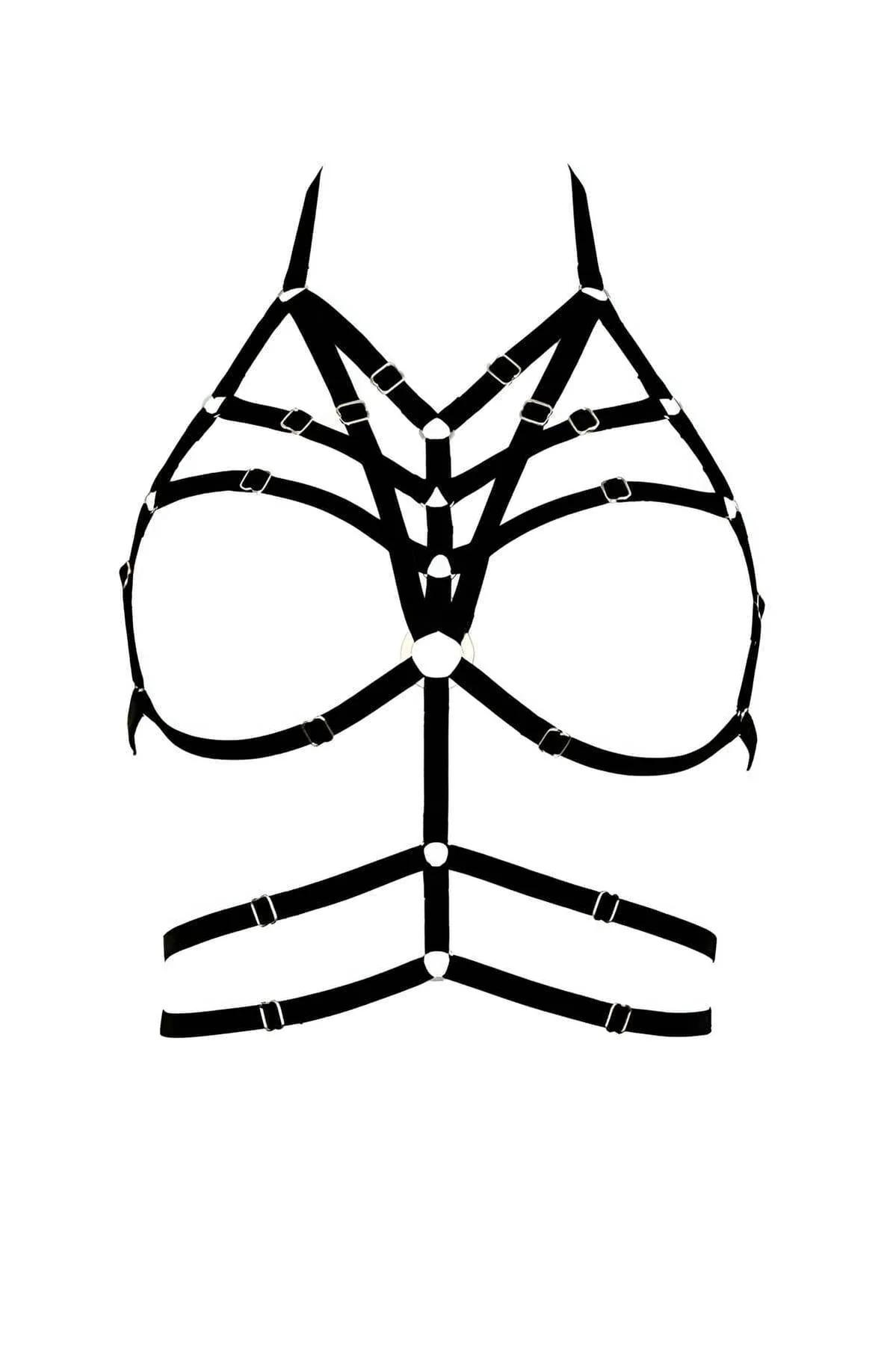 geometric cage harness worn over bare skin showing 1.5cm wide elastic bands and silver O-rings