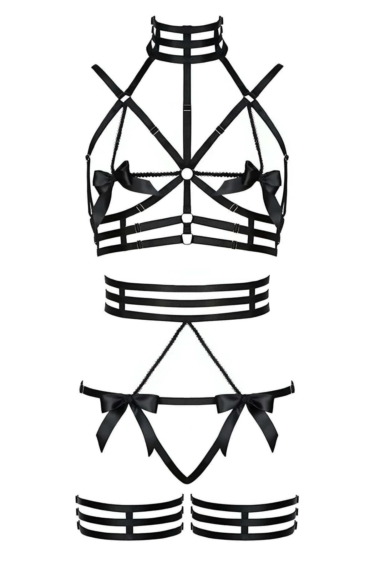 black 4-piece elastic harness choker 4-row band gold ring adjuster close-up detail