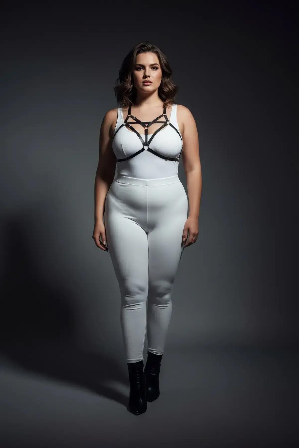 plus size model wearing black cage chest harness over white bodysuit full length