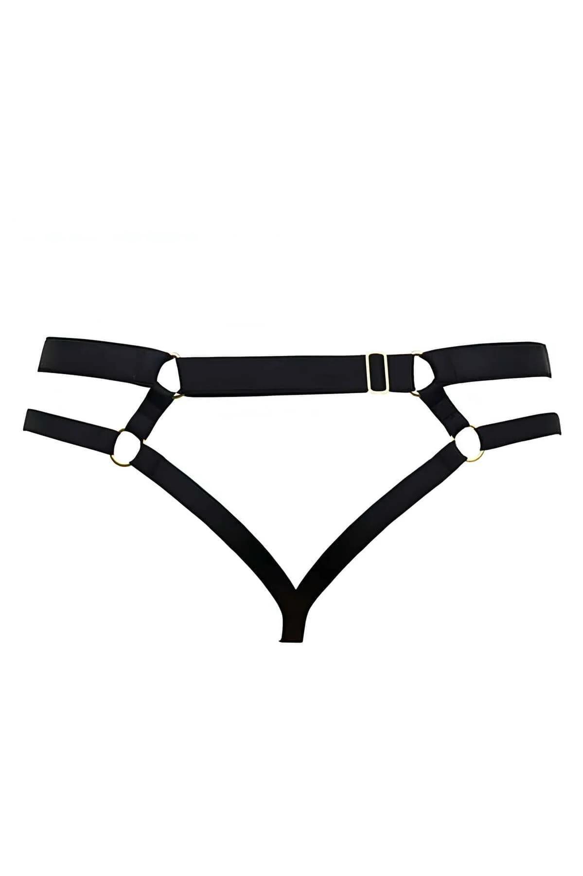 black nylon-elastane strappy panties gold-tone O-ring front view waistband detail