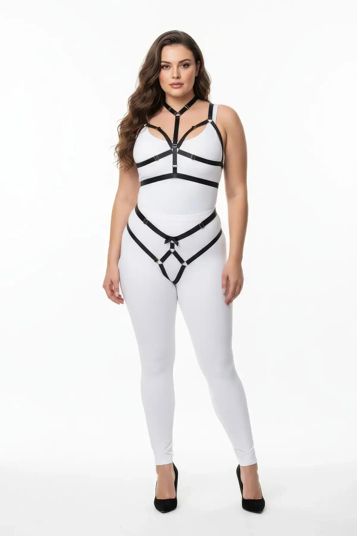 black faux leather cage chest harness with silver O-ring centre detail, front view close-up