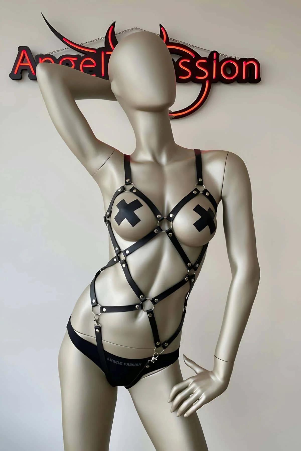 full body harness faux leather black diagonal chest straps V-shape front view