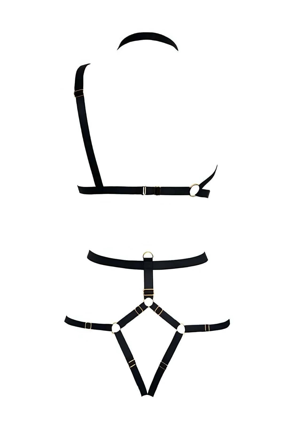 full black faux leather harness set 4 piece collar bralette waist thigh back view
