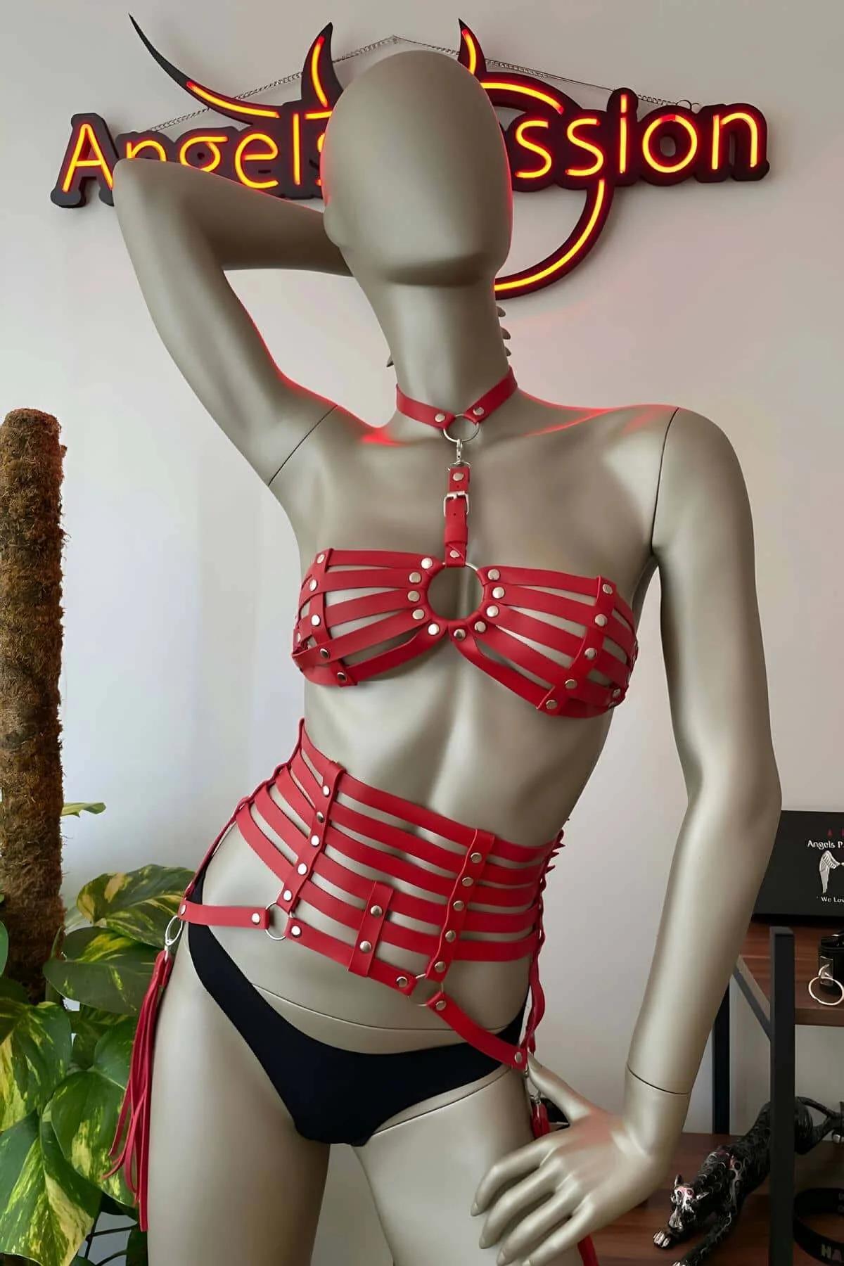 Red Faux Leather Harness Set with Tassel Garter Straps