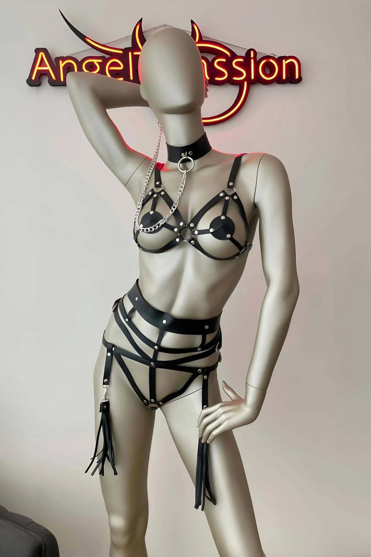 siyah harness takımı bel bandı ve toka sistemi detaylı görünüm