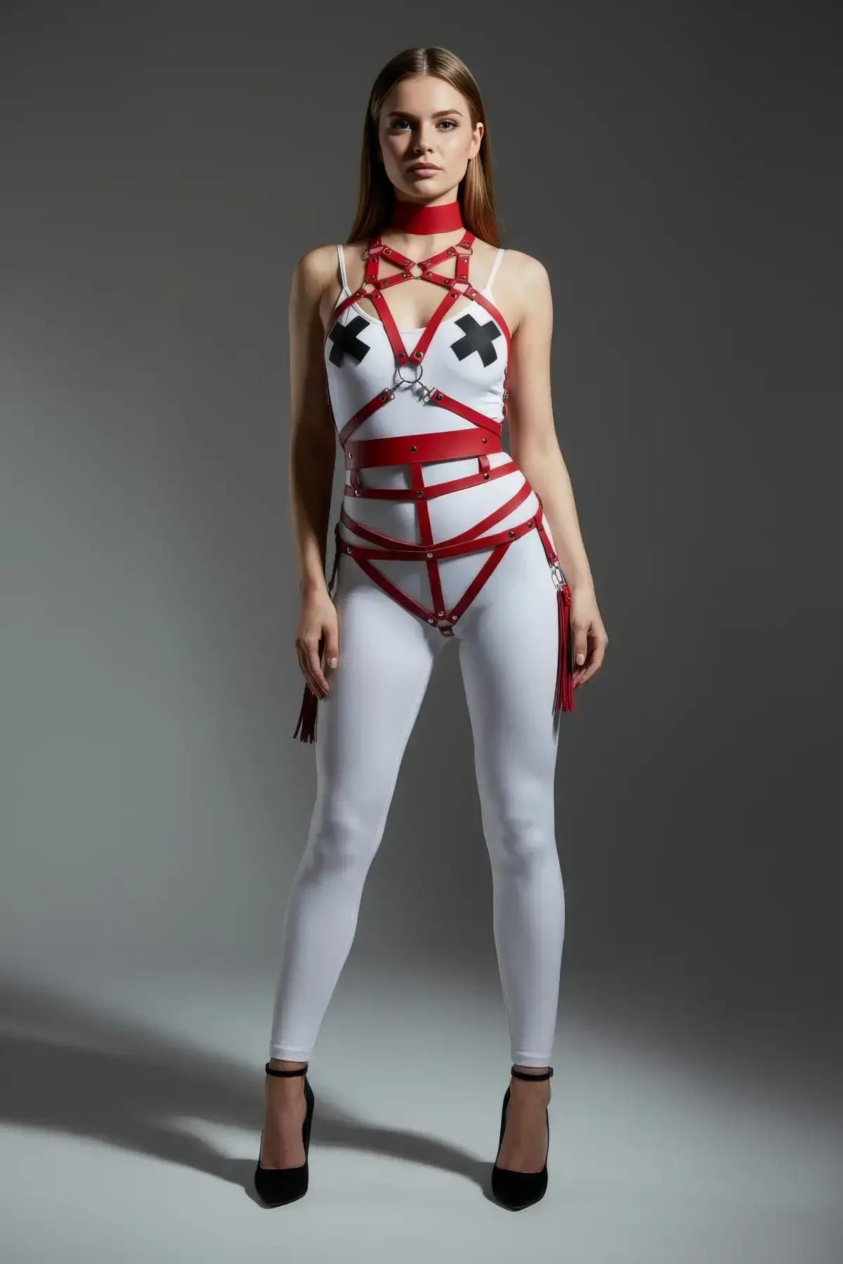gümüş O halka merkezi kırmızı vegan deri harness göğüs şerit bağlantısı