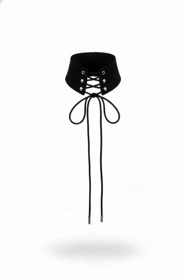 Black wide choker with corset lace-up front, silver grommets, and long trailing black cords with silver aglet tips