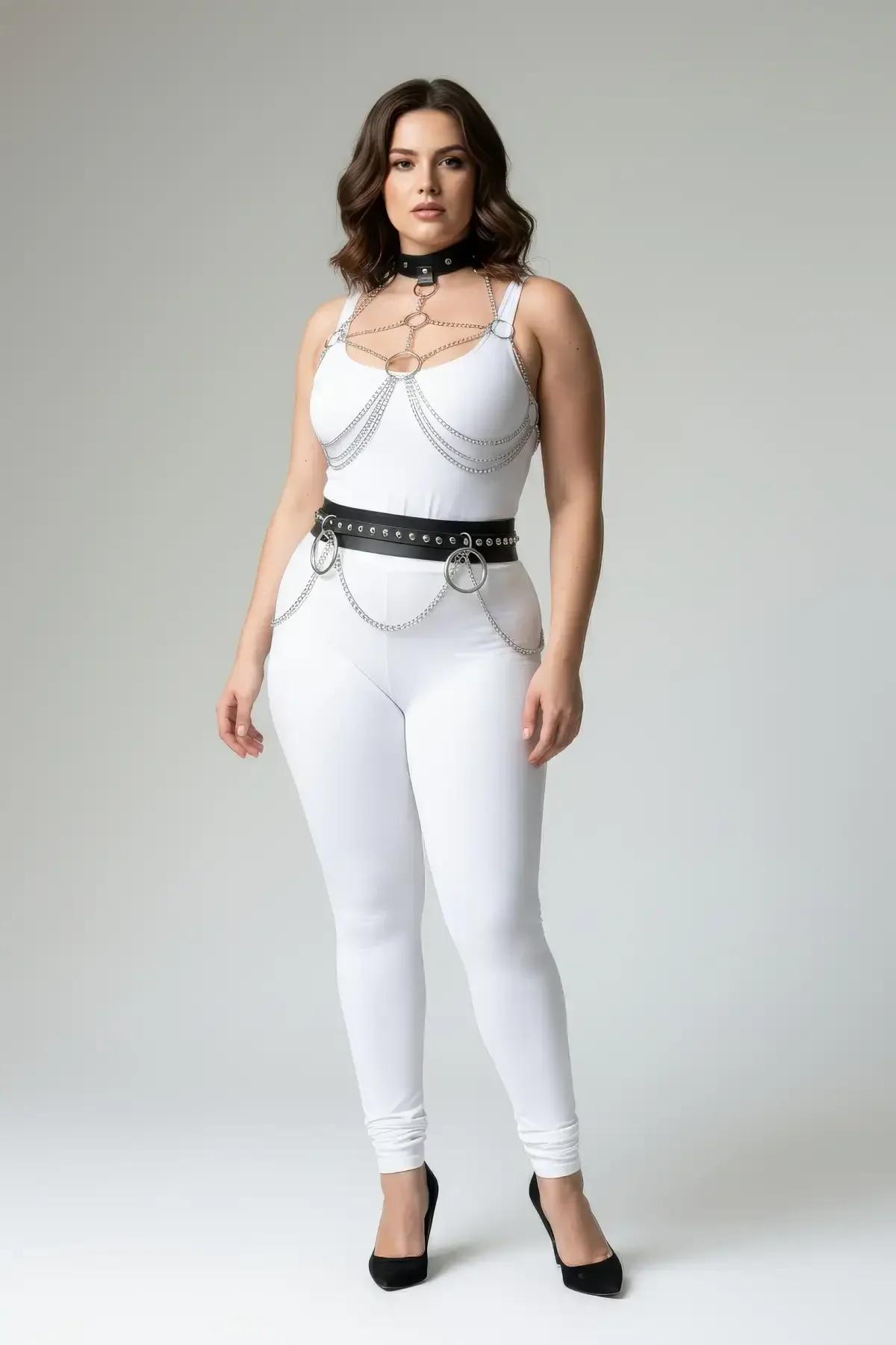 Black PU faux leather chain harness close-up showing three silver O-rings and triple-tier draped chain detail