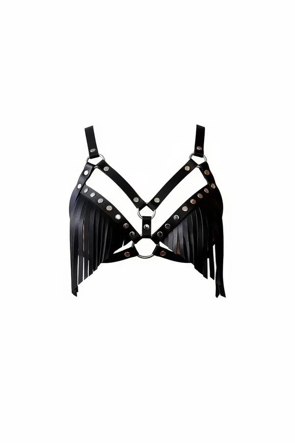 Püsküllü vücut zinciri siyah vegan deri gümüş metal zımba ve O-ring detaylı kadın harness