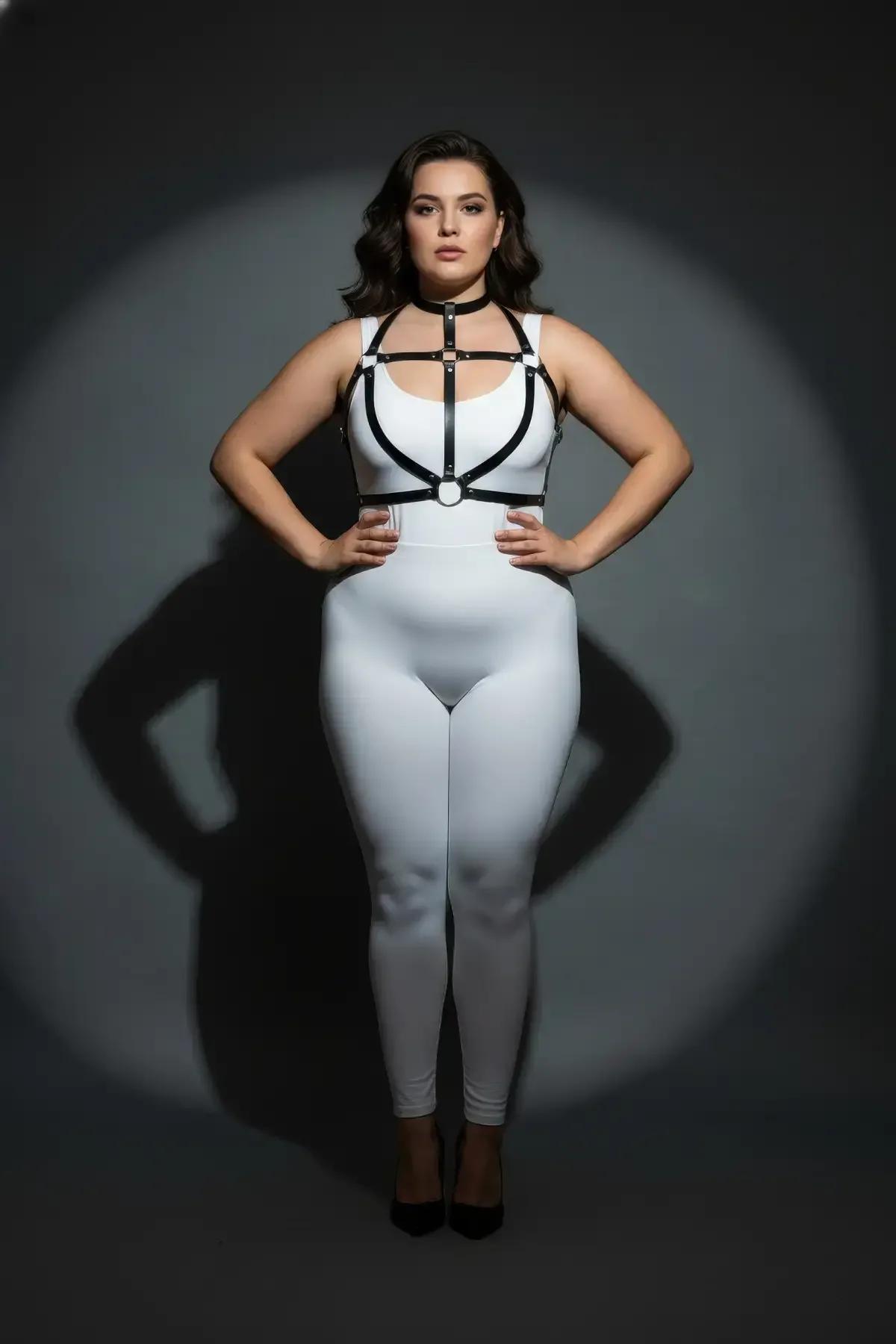 Plus size model wearing black faux leather O-ring harness over fitted white bodysuit