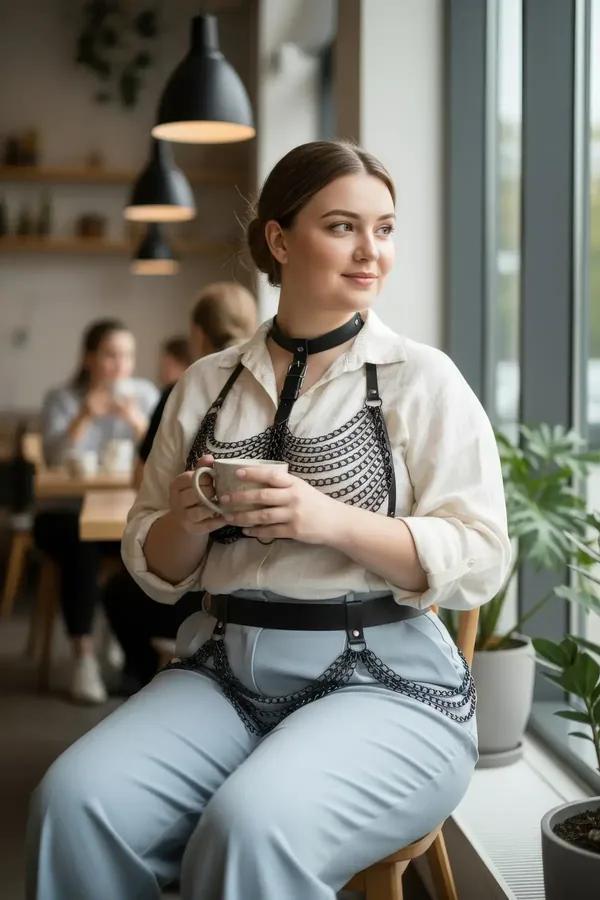 Black faux leather full body harness with multi-row draped chain chest overlay, choker collar, and wide waist belt with hip c