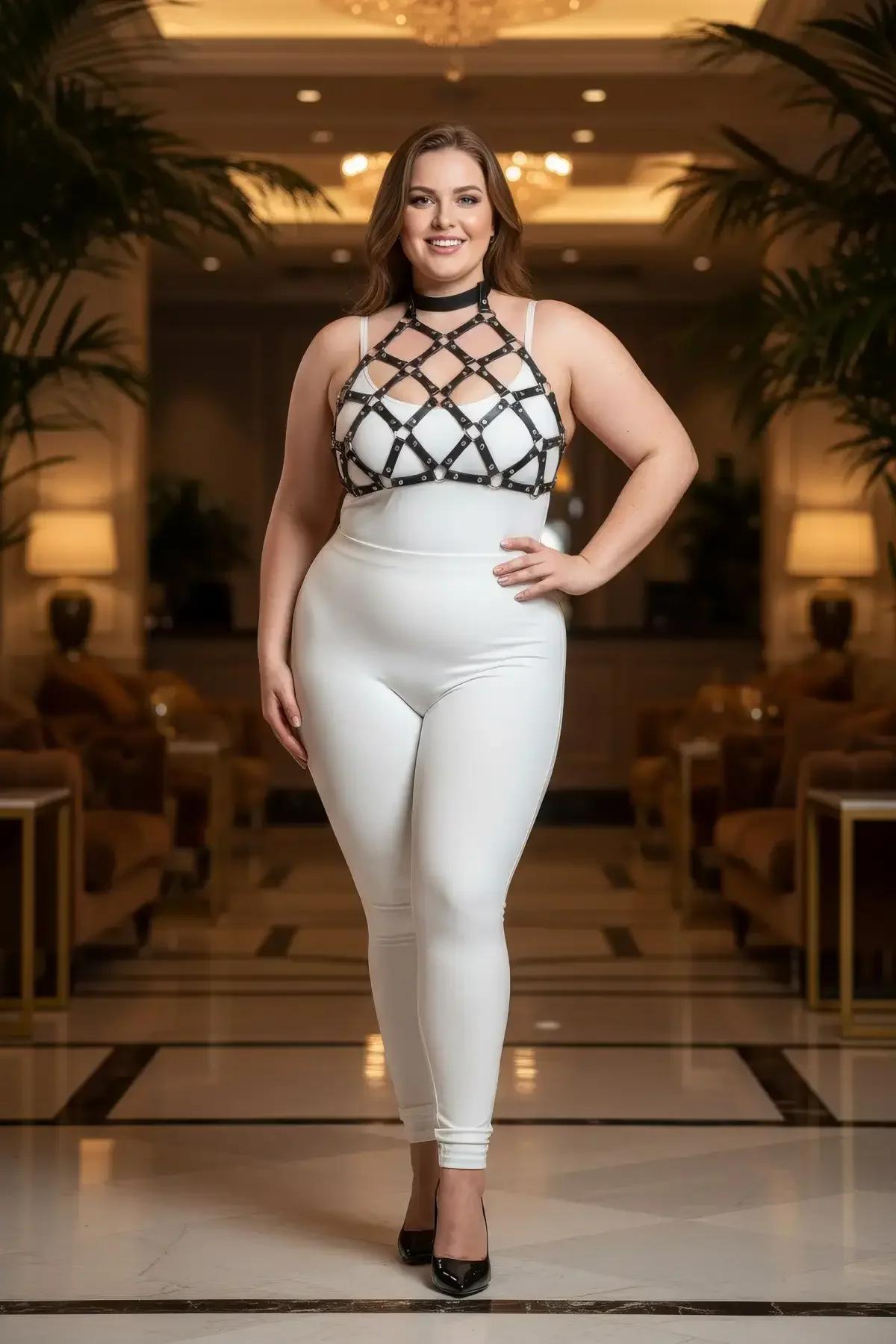 Plus-size model wearing black vegan leather cage chest harness with integrated choker over white bodysuit