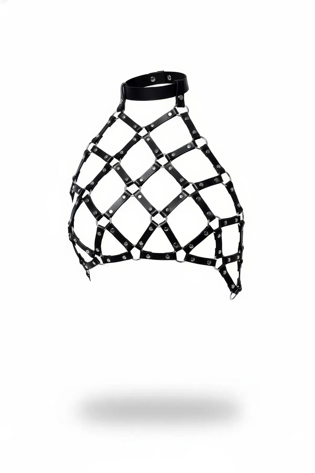 siyah vegan deri kafes göğüs harness boyunluklu gümüş metal halka detaylı