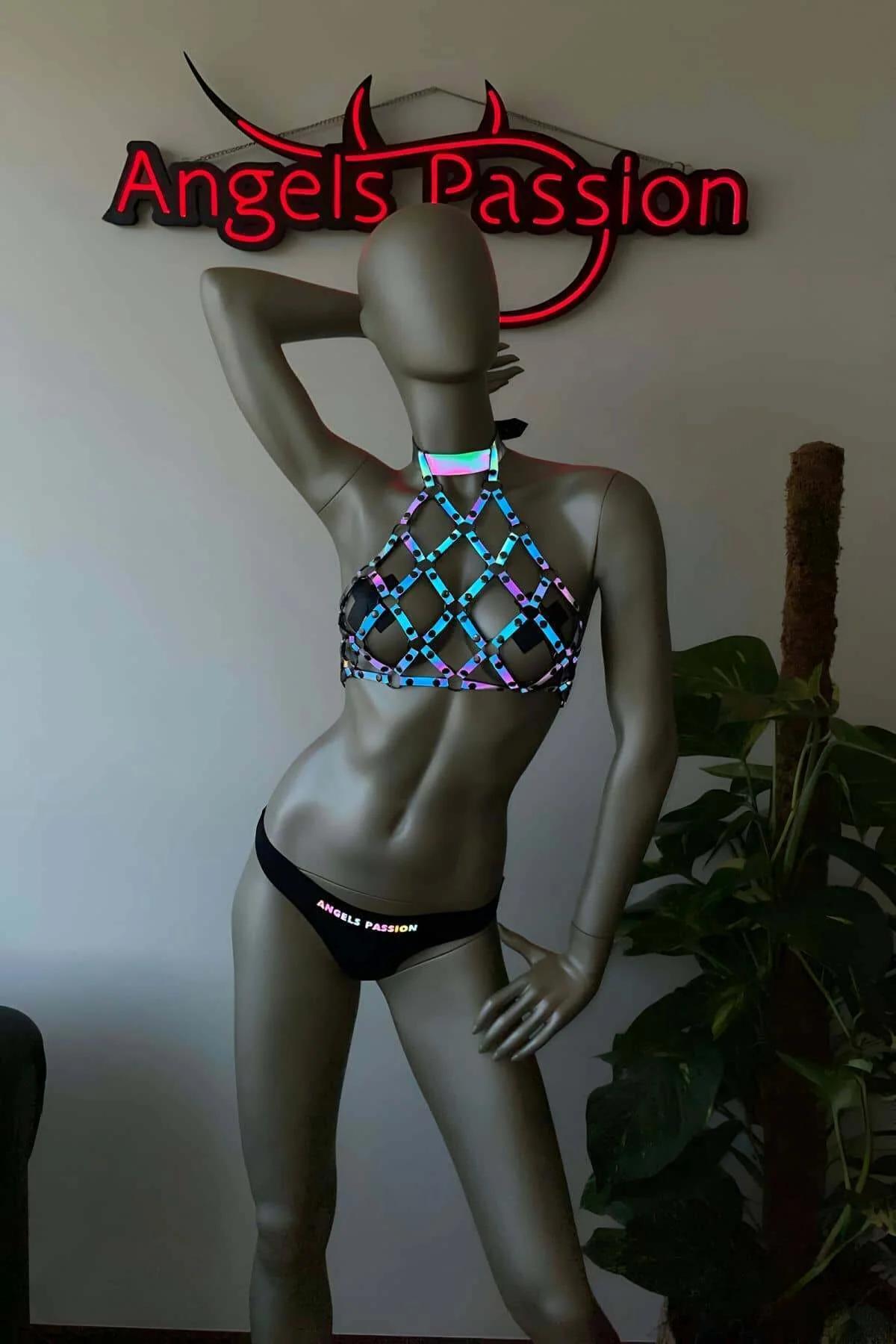dansçı kıyafeti holografik kafes büstiyer karanlıkta parlayan rave festival kostümü