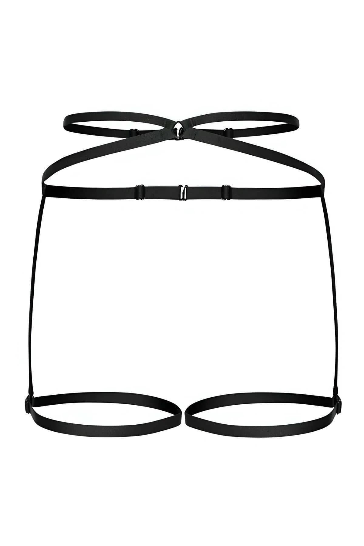 siyah elastik bantlı harness bel sarmalı ön görünüm krom metal halkalar