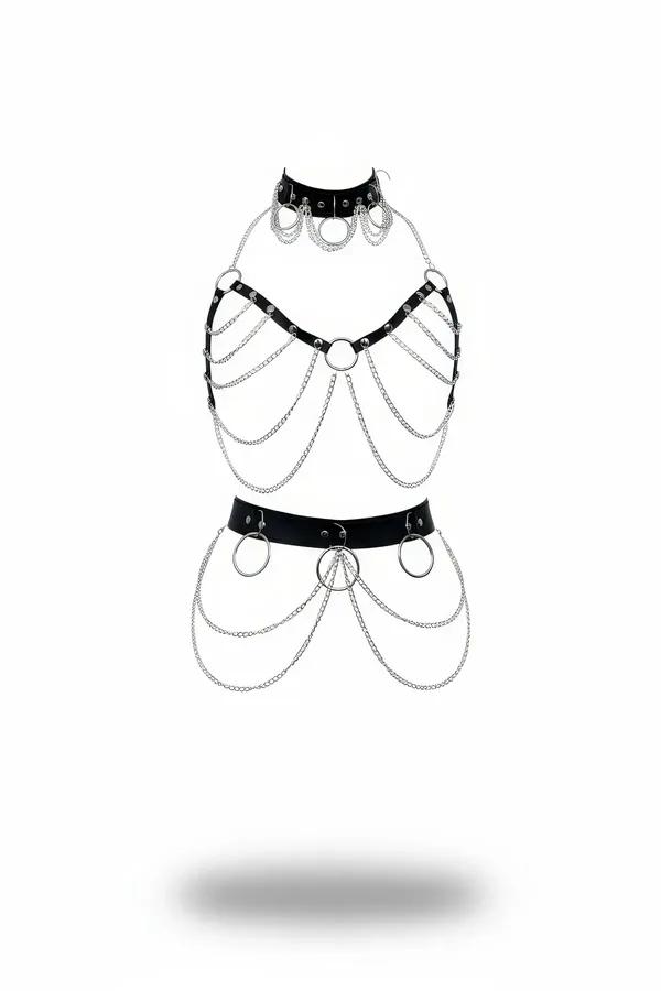 Siyah vegan deri zincirli harness takım 3 parça choker göğüs bandı ve bel kemeri gümüş O-halka detaylı