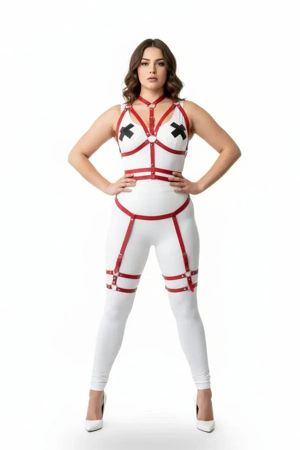 red faux leather strappy body harness set with garter thigh straps and gold O-ring buckles, worn by plus-size model