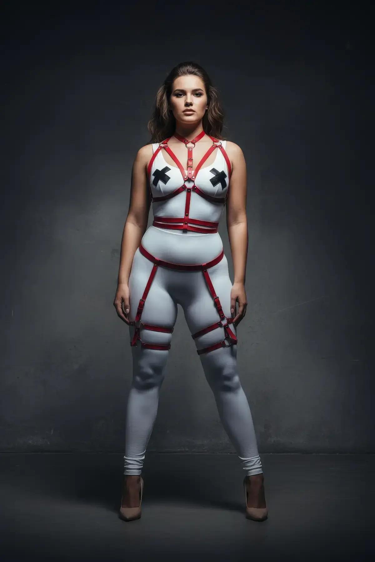 full body harness set in red faux leather showing waist band and thigh strap silhouette