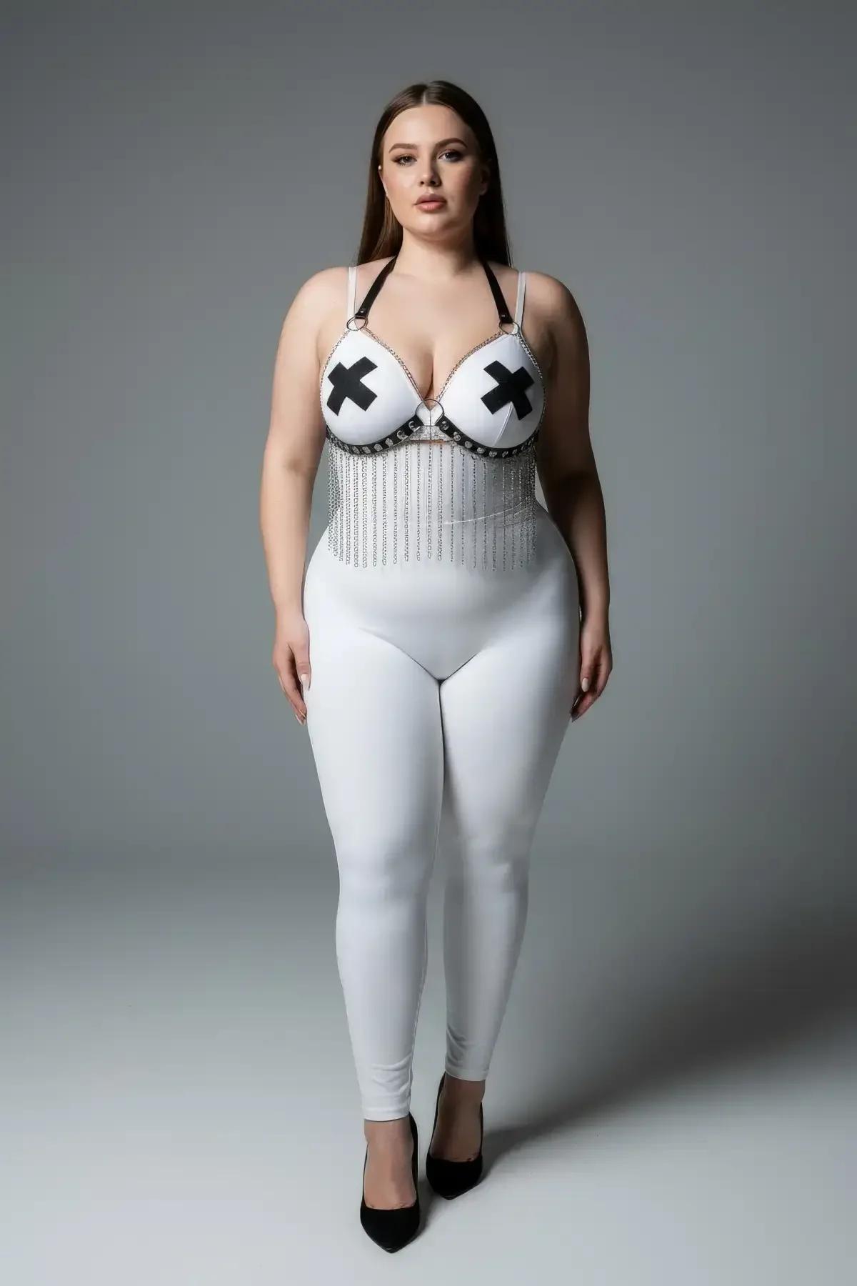 side view white body harness bra displaying adjustable thin shoulder straps and chain drop