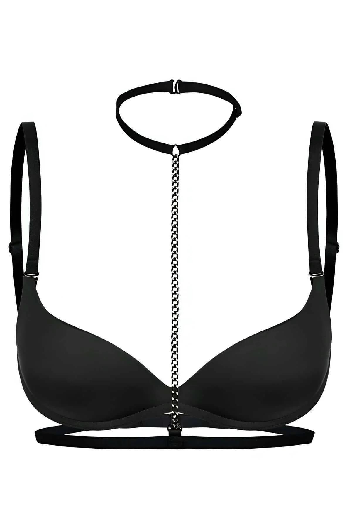 boyundan bele siyah metal zincir harness aksesuar detay