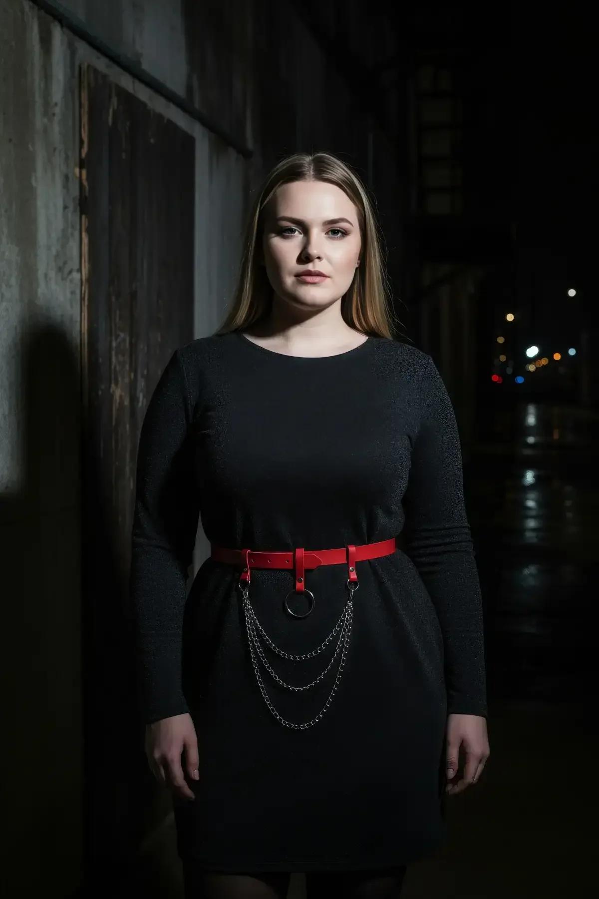 side view of red faux leather waist harness belt showing adjustable buckle closure and chain movement