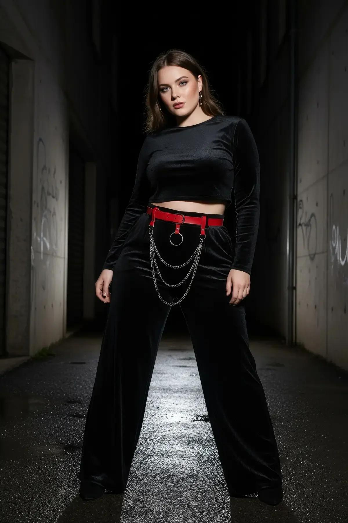 red waist harness belt styled over black turtleneck dress showing chain length and hip placement