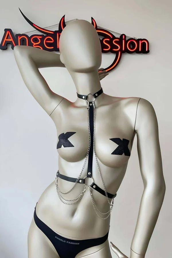 siyah vegan deri boyun ve bel harness gümüş zincir detaylı halter bağlamalı O-ring