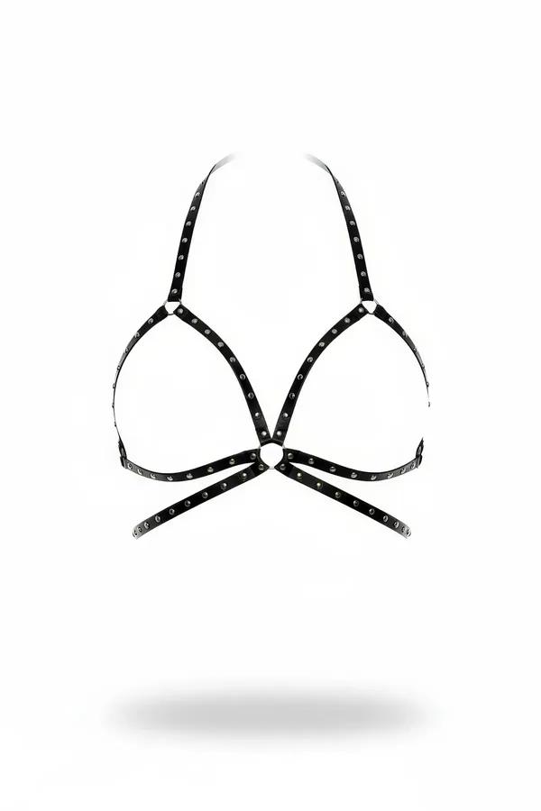 siyah zımbalı göğüs harness halter yaka vegan deri gümüş metal O-halka çapraz bantlar