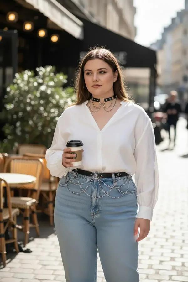 black faux leather waist belt with cascading silver chain drapes worn over high-rise jeans and white blouse street style