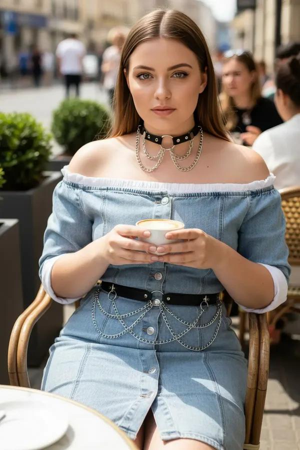 black faux leather waist belt with cascading silver chain drapes worn over high-rise jeans and white blouse street style