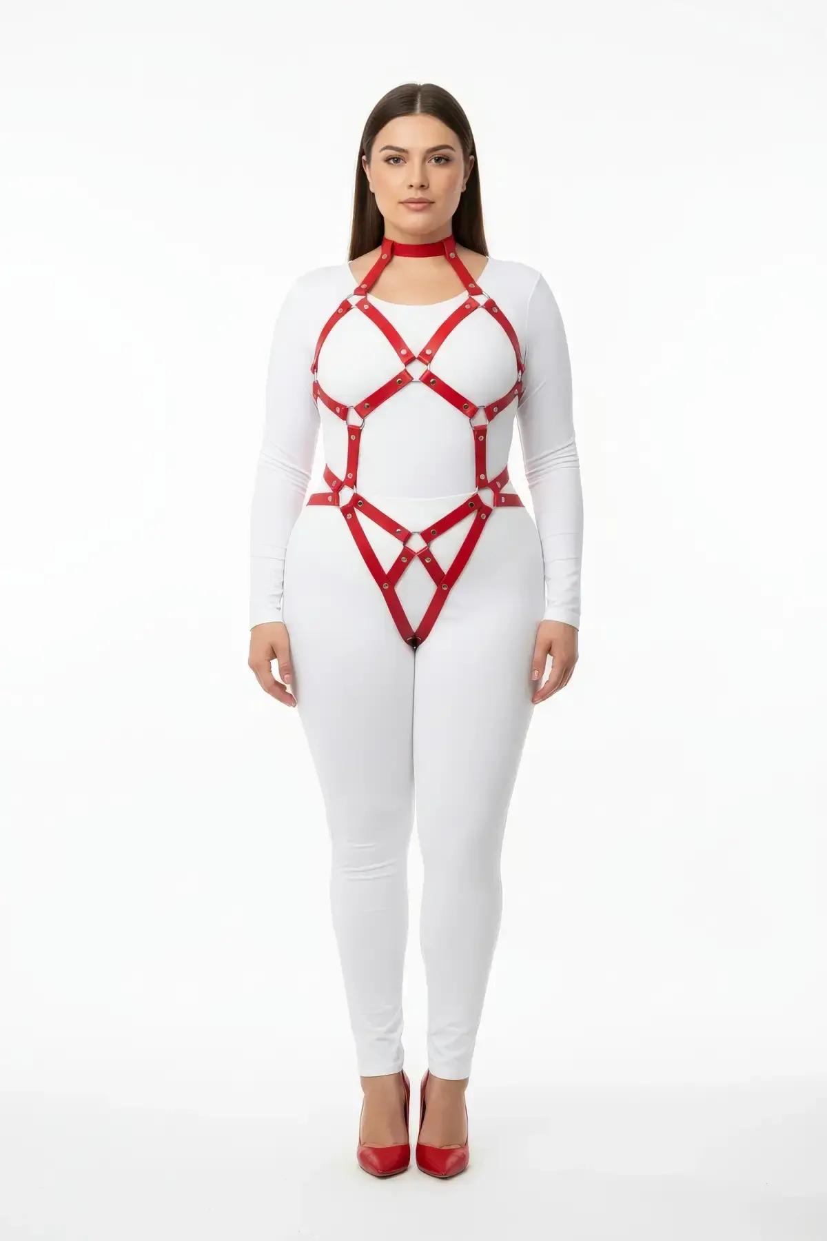 red PU leather cage harness chest detail with gold-tone O-ring studs and under-bust band