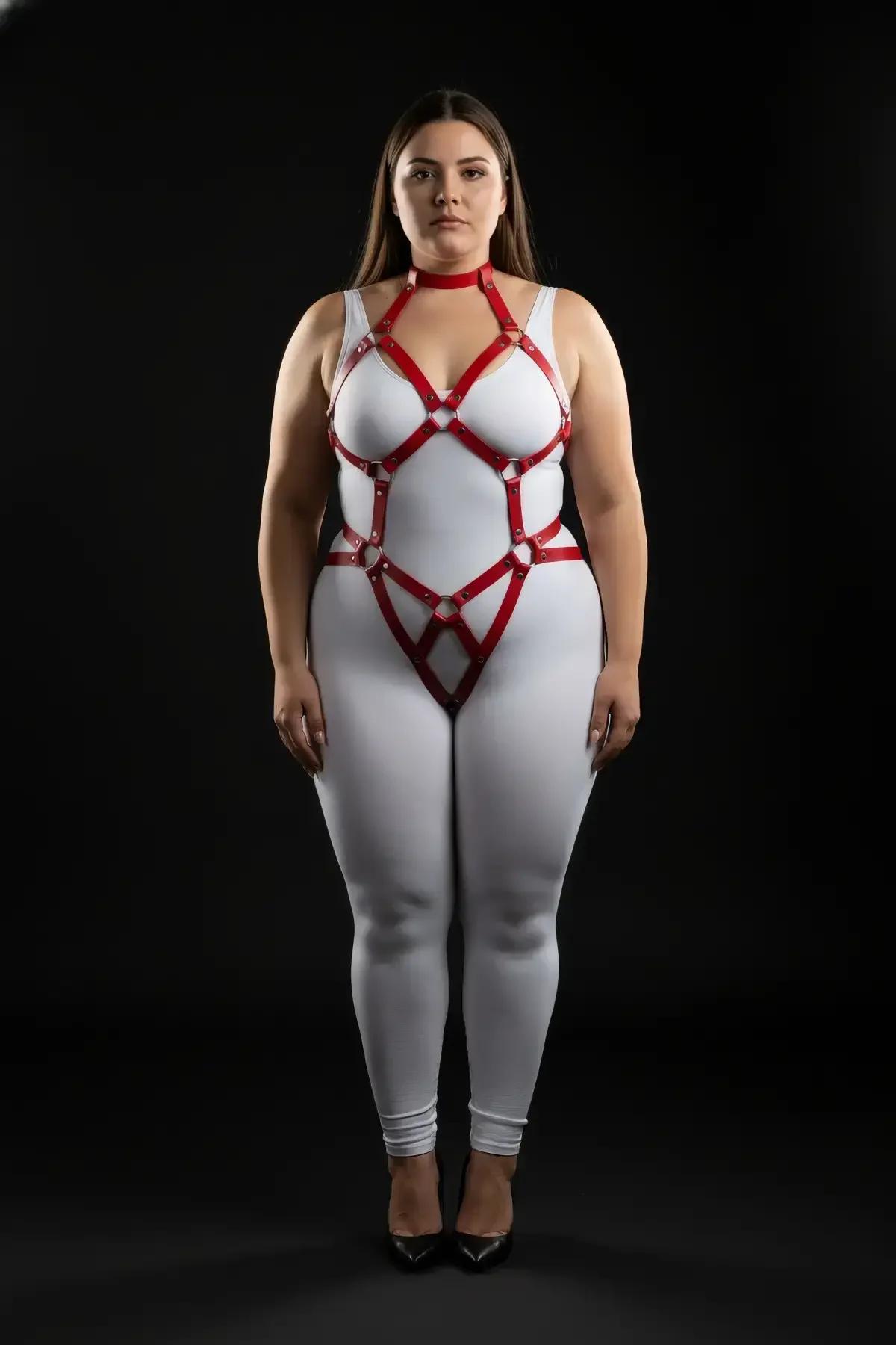 red full body harness worn over white bodysuit showing hip-to-collar strap configuration