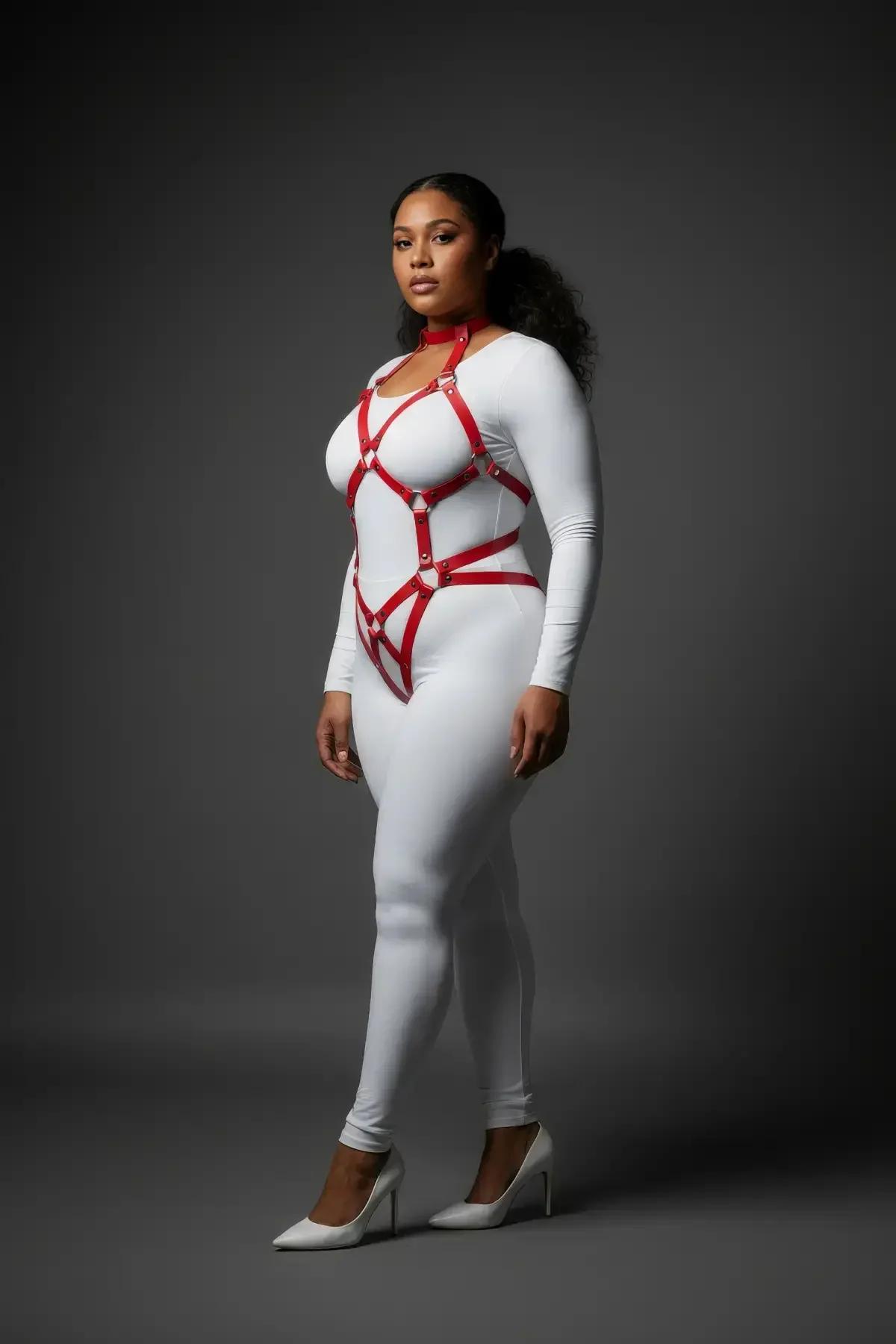 detachable red choker with gold lobster-clasp O-ring chain removed from body harness