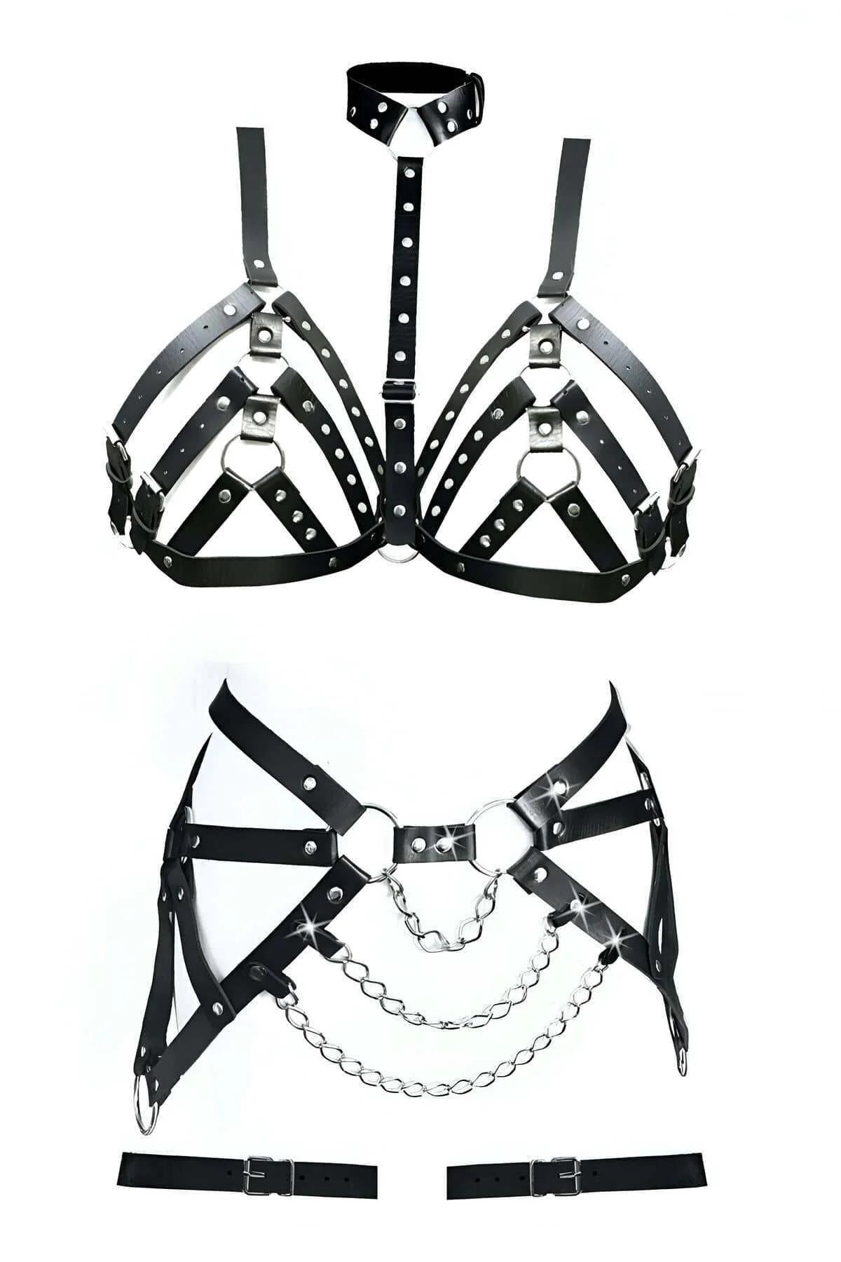 Siyah PU deri harness üst parça choker ve çapraz bantlar gümüş perçin detay