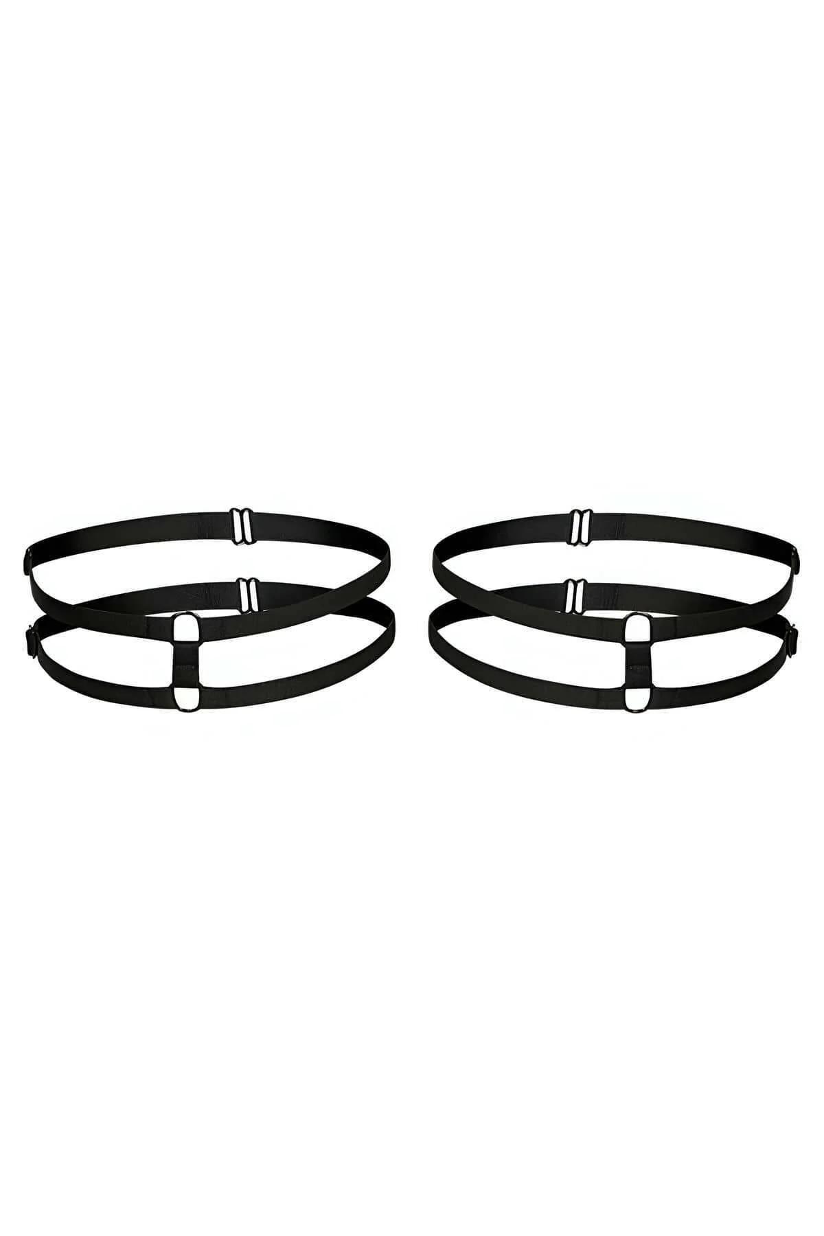 siyah elastik yaka harness altın O-ring boyun detayı ön görünüm