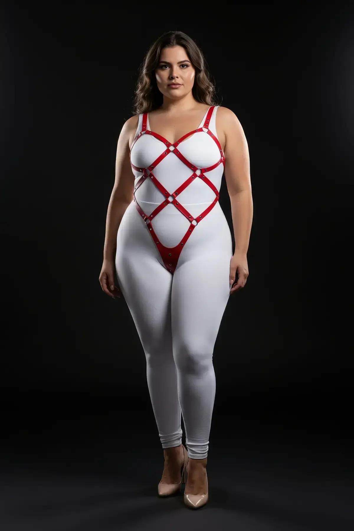 close-up of red faux leather straps and silver zinc alloy O-ring intersections on full body harness