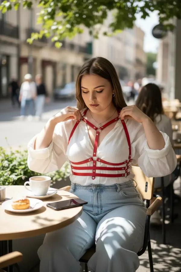red faux leather caged overbust body harness with gold hardware worn over light blue blouse outdoors