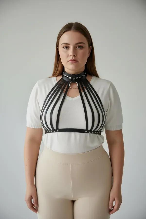 büyük beden siyah vegan deri kafes vücut kuşağı 8 dikey şerit gümüş O-halka choker detay