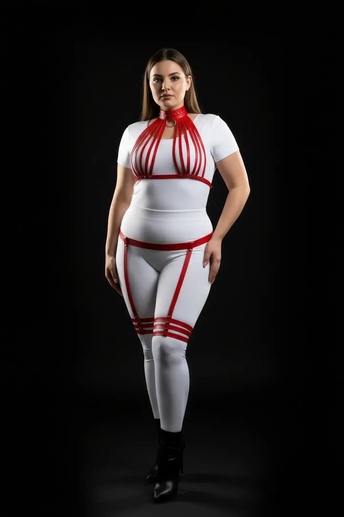 red multistrap harness set thigh garter detail with triple horizontal bands on leg