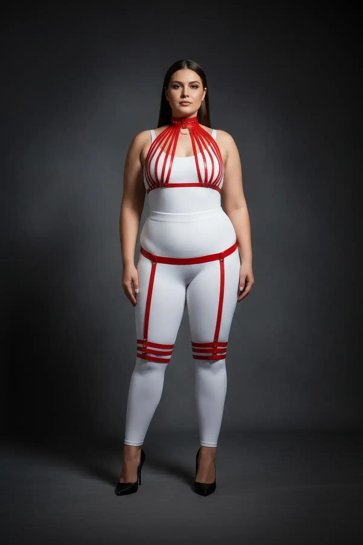 red faux leather choker collar and cage straps upper body harness front view