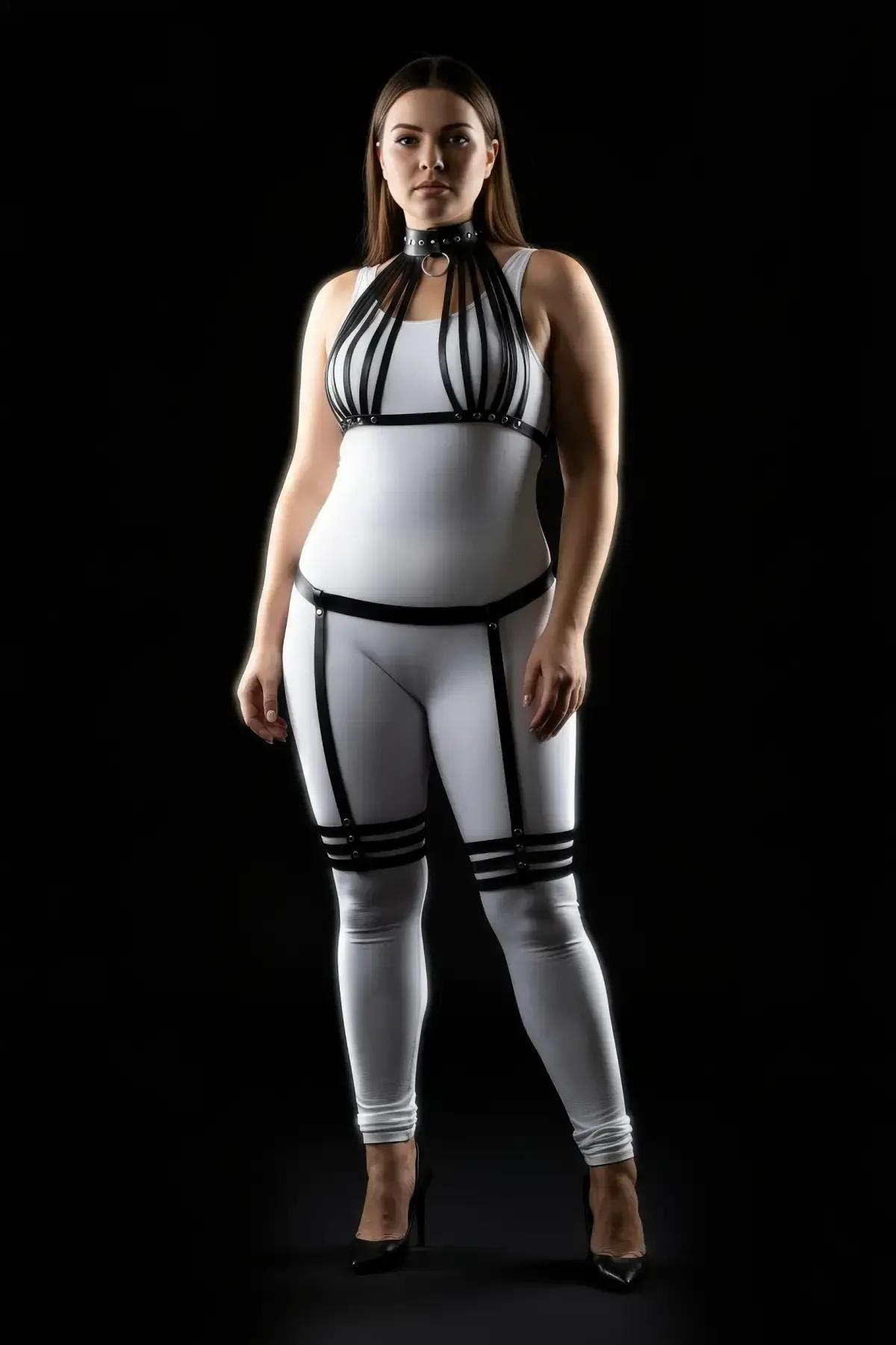 double-band black faux leather thigh garters connected to waist belt, side angle detail
