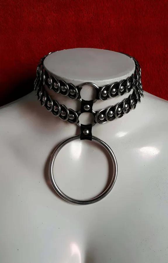 Siyah suni deri ikili bant choker kolye gümüş zincir perçin süsleme ve büyük O-halka sarkıtı
