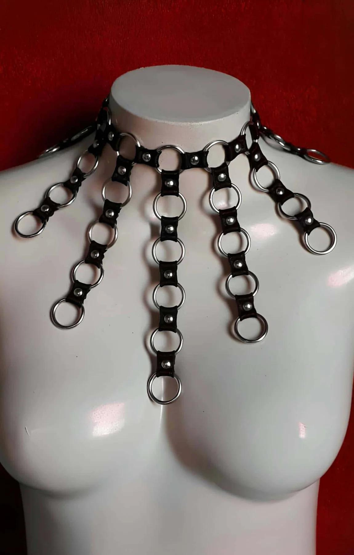 yıldızlı halkalı siyah harness ön görünüm, göğüs çevresine oturan bantlar