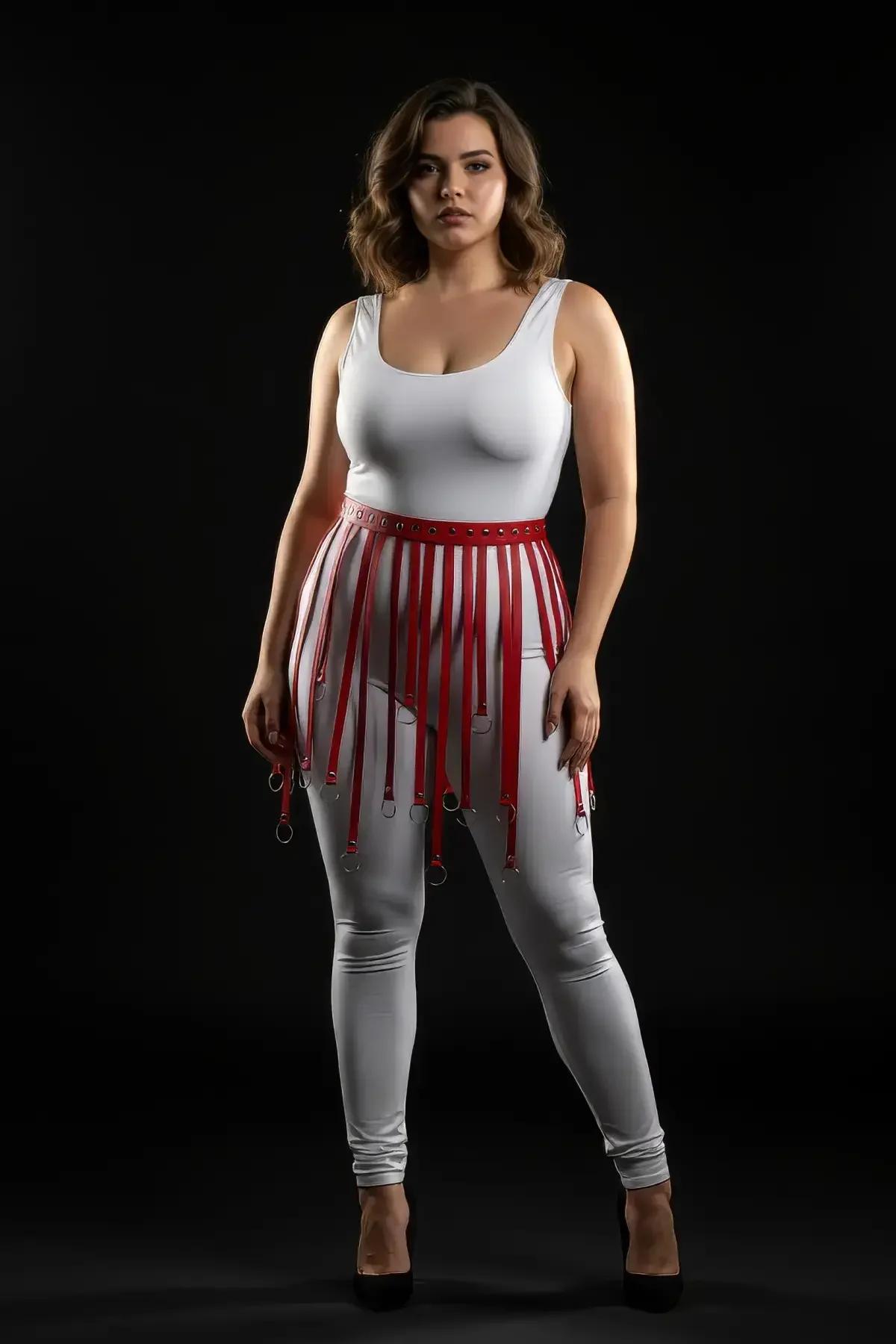Beyaz body ve beyaz tayt üzerinde kırmızı halkalı etek kemer kombini